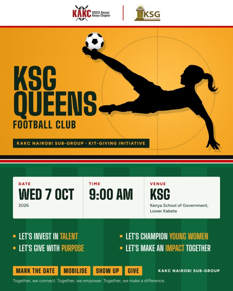 KSG Queens Football Club kit-giving poster: Wednesday 7 October 2026, 9:00 AM, Kenya School of Government, Lower Kabete